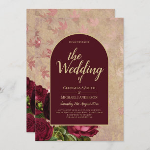 Invitation Vintage Botanique Rouge profond Roses Mariage Or T