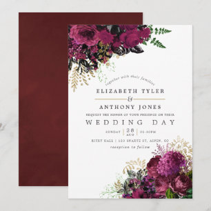 Invitation Vintage Bourgogne et Gold Shabby Mariage floral