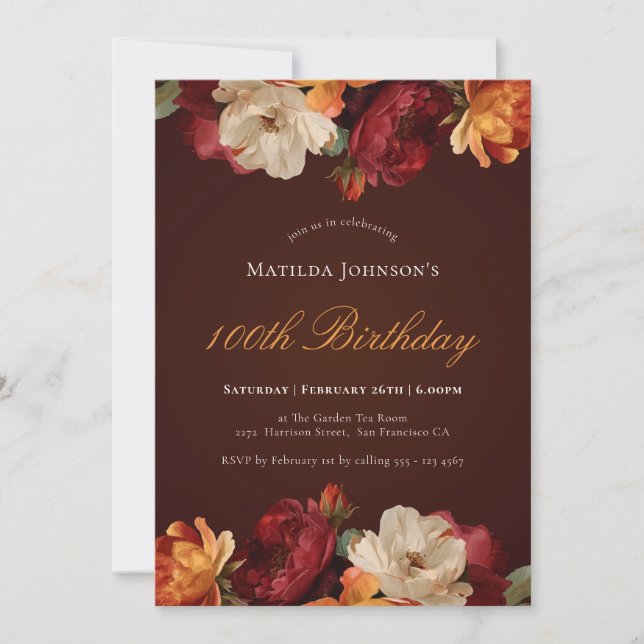 Invitation Vintage Bourgogne Floral 100e anniversaire (Devant)