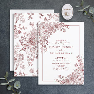 Invitation Vintage Bourgogne Floral Line Art Script Mariage