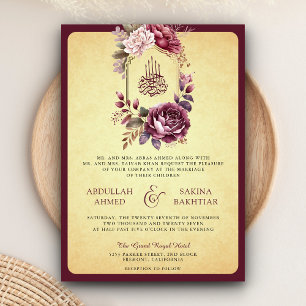 Invitation Vintage Bourgogne Floral QR code Mariage musulman