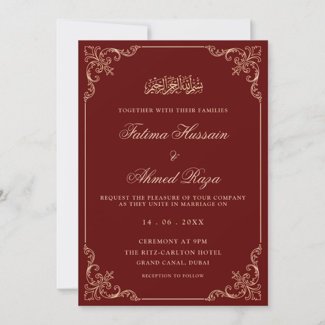 Invitation Vintage Bourgogne Script romantique musulman Maria (Devant)