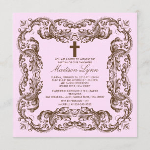 Invitation vintage Brown et rose de baptême de