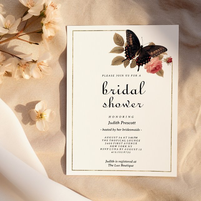 Invitation Vintage brown gold pink butterfly Bridal Shower  (Vintage brown gold pink butterfly Bridal Shower )