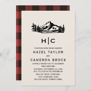 Invitation Vintage Buffalo Plaid Monogramme Mariage