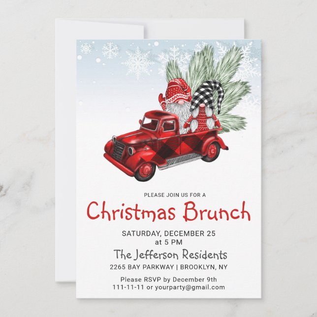 Invitation Vintage Buffalo Red Truck Gnomes Noël Brunch (Devant)