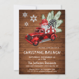 Invitation Vintage Buffalo Red Truck Gnomes Noël Brunch