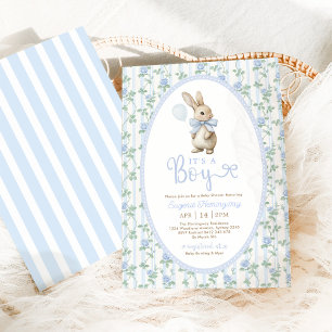 Invitation Vintage Bunny Blue Bow Balloon Baby shower garçon