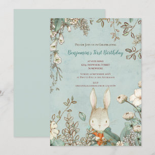 Invitation Vintage Bunny Floral Feuilles 1er anniversaire gar