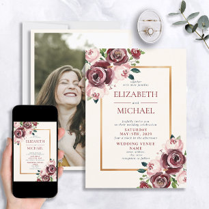 Invitation Vintage Burgundy Blush Gold Floral Mariage photo