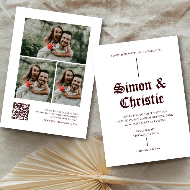 Invitation Vintage Burgundy Photo Collage QR Code Wedding (Créateur téléchargé)