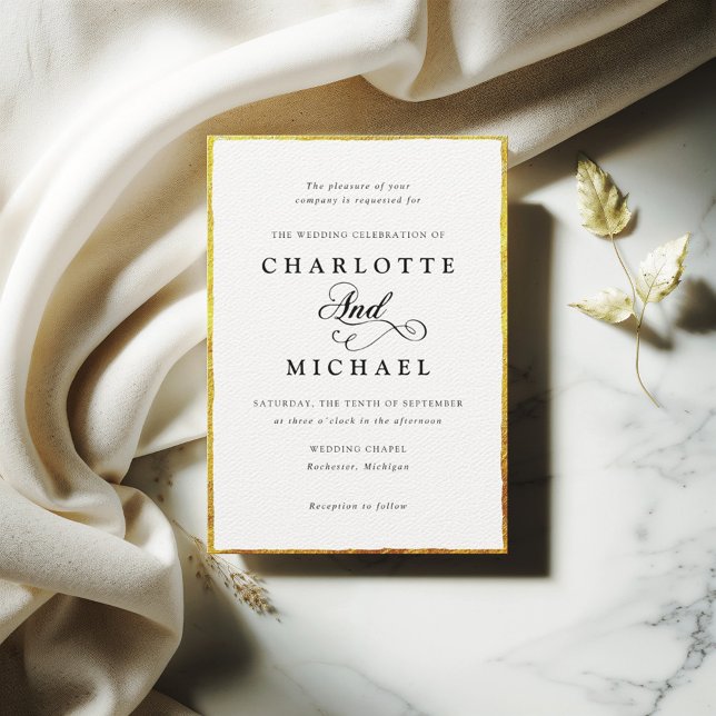 Invitation Vintage cadre de bordure or mince (Vintage style faux gold frame wedding invitation with vintage calligraphy.)