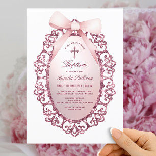 Invitation Vintage cadre de Parties scintillant rose Bow Bapt