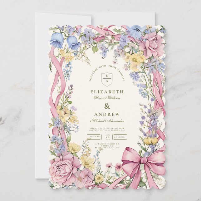 Invitation Vintage cadre fleuri mariage (Devant)