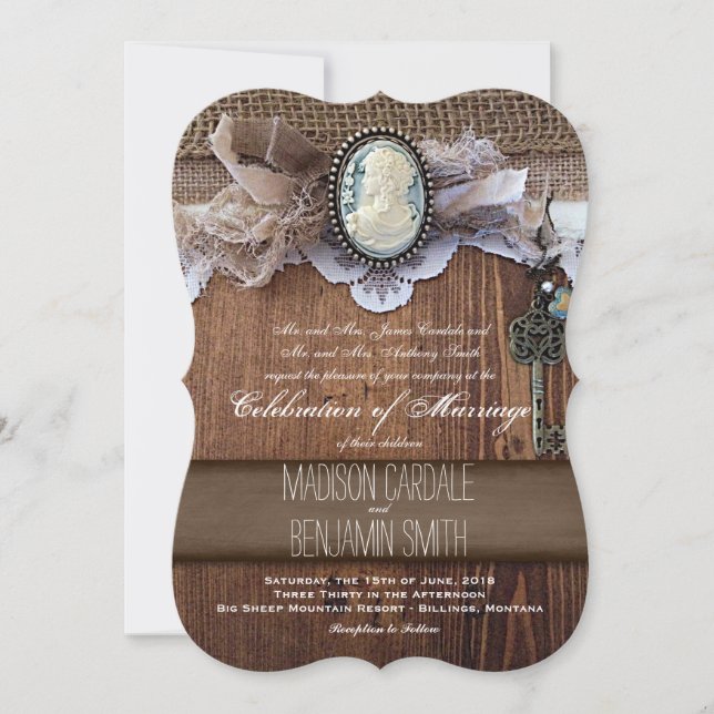 Invitation Vintage Cameo Key Burlap Wood Wedding Invite (Devant)