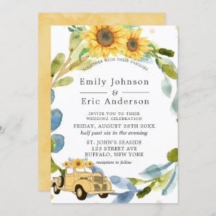 Invitation Vintage Camion Jaune Sunflowers Blue Mariage Invit