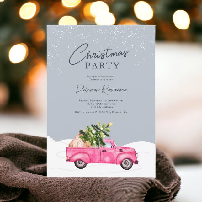 Invitation Vintage camion rose bleu neige Noël (Vintage pink truck blue snow Christmas Invitation)