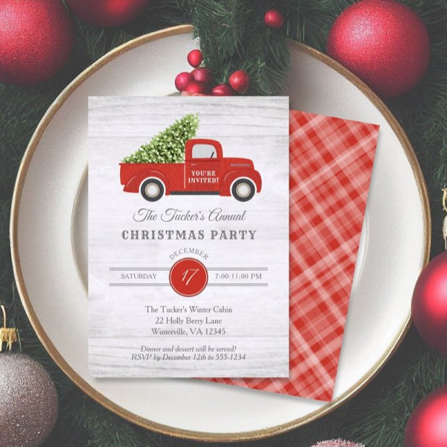 Invitation Vintage Camion Rouge & Arbre Plaid Christmas Party (Créateur téléchargé)