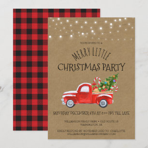 Invitation Vintage camion rouge et Fête de Noël à carreaux bu
