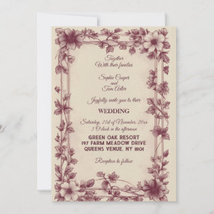 Invitation Vintage Campagne Française Toile Bourgogne Fleurs 
