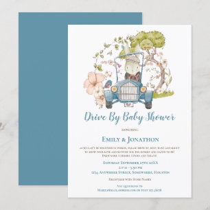 Invitation Vintage Car Bunny Foliage boy Drive By Baby shower