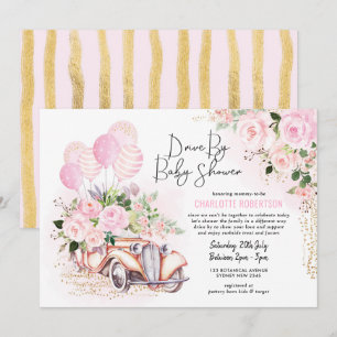Invitation Vintage Car Pink Gold Floral Drive Par Baby shower