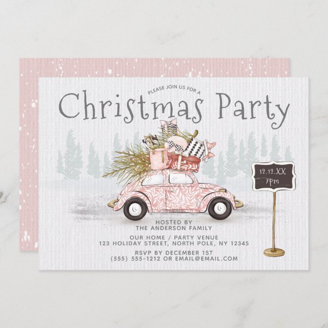 Invitation Vintage Car Woodland Noël Party (Devant / Derrière)