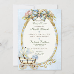Invitation Vintage Carriage Ivory Blue Gold Roses Gingham