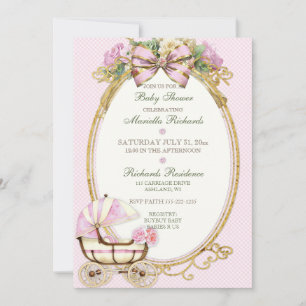 Invitation Vintage Carriage Ivory Pink Gold Roses Gingham
