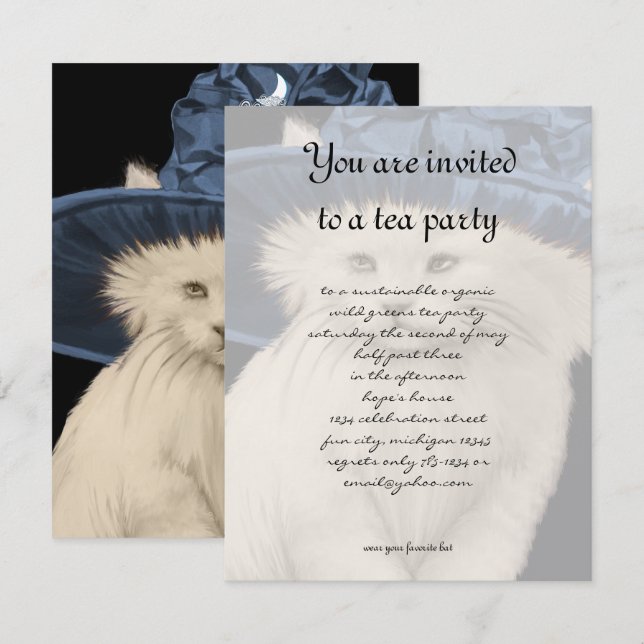 Invitation vintage Cat Tea Party Casquette bleu Vi (Devant / Derrière)