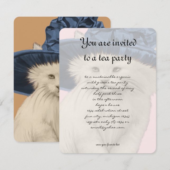 Invitation vintage Cat Tea Party Casquette bleu Vi (Devant / Derrière)
