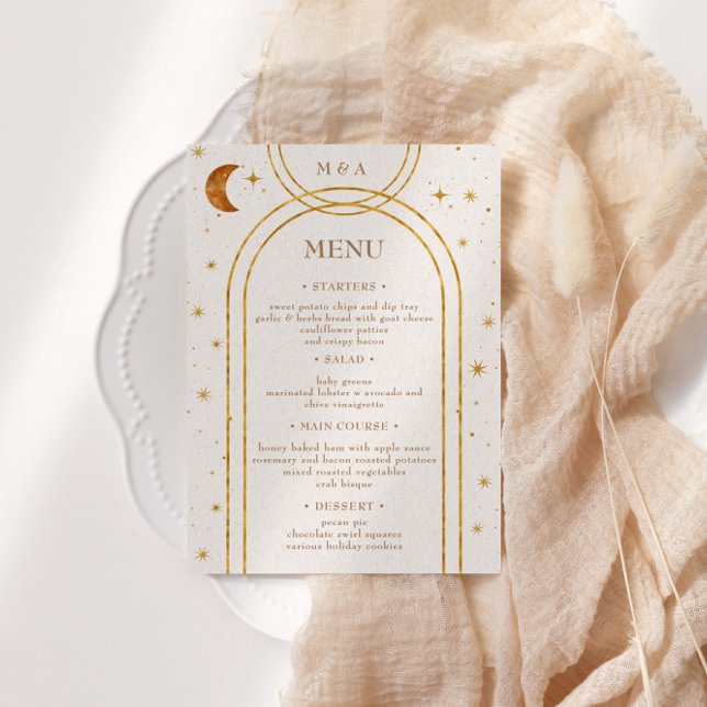 Invitation Vintage Céleste Lune Étoiles Dîner Mariage Menu (Créateur téléchargé)