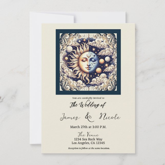 Invitation Vintage Celestia Crème Beige Demi Soleil & Lune (Devant)