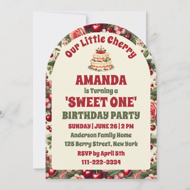 Invitation Vintage cerise 'Sweet One' 1er anniversaire (Devant)