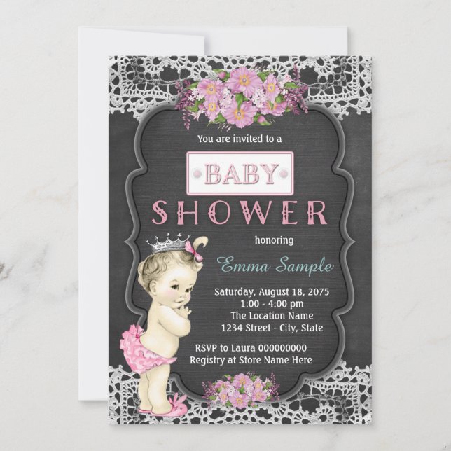 Invitation Vintage Chalkboard Baby Girl Douche (Devant)