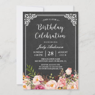 Invitation Vintage Chalkboard Floral Fête d'anniversaire