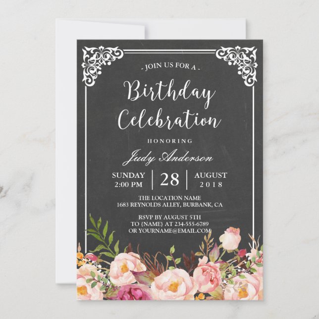 Invitation Vintage Chalkboard Floral Fête d'anniversaire (Devant)