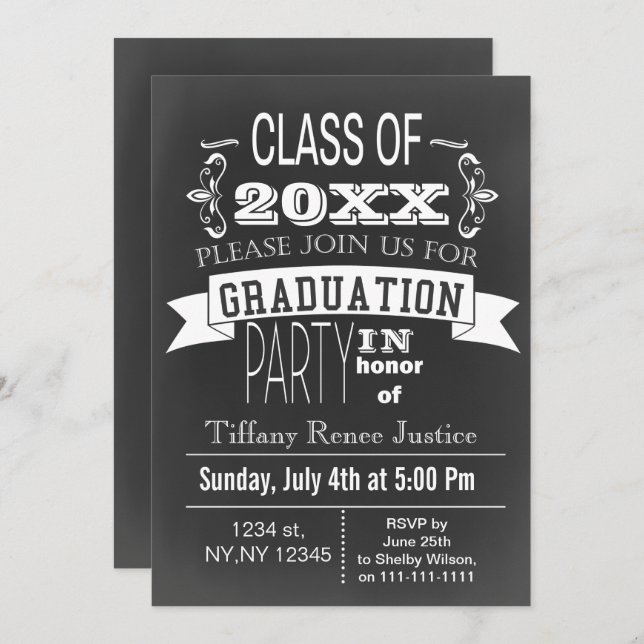 Invitation vintage Chalkboard Graduation Party (Devant / Derrière)