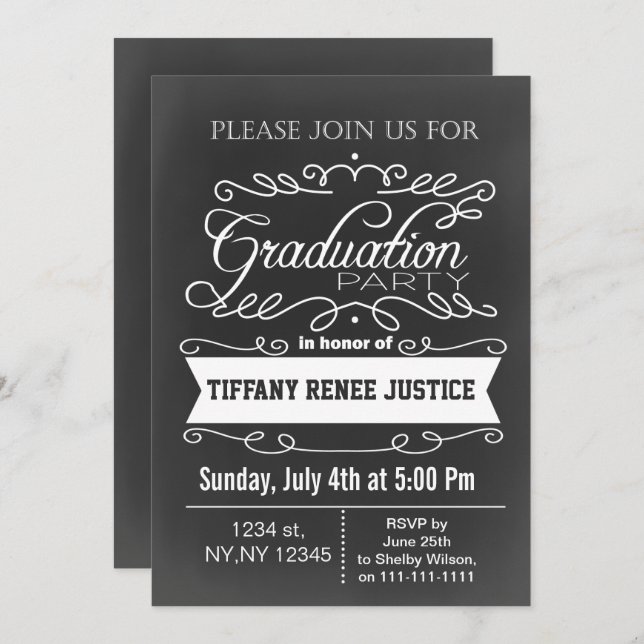 Invitation vintage Chalkboard Graduation Party (Devant / Derrière)