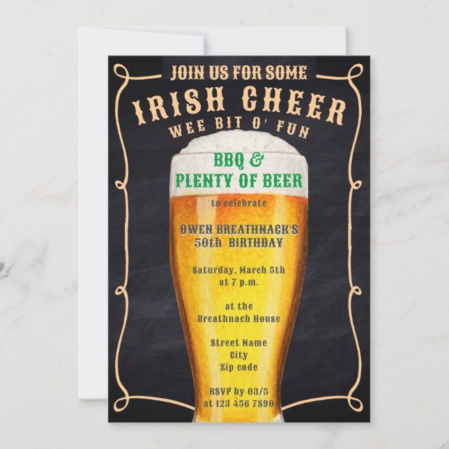 Invitation Vintage Chalkboard Irish Cheer BBQ & Bière Anniver (Devant)