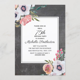 Invitation Vintage Chalkboard Rose Blanc Floral 75e anniversa