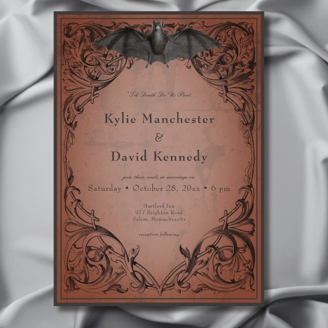 Invitation Vintage chauve-souris jusqu'à la rouille de la mor (Vintage Bat Until Death Rust Wedding Invitation)