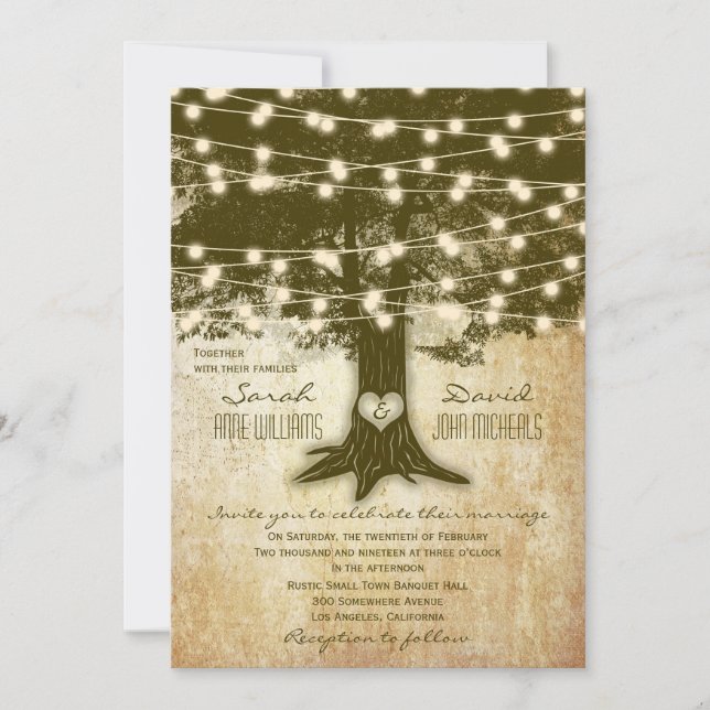 Invitation Vintage Chêne Arbre Rustique Lights Mariage (Devant)