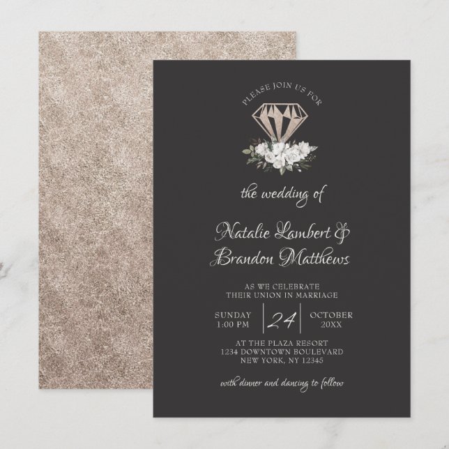 Invitation Vintage Cherish Floral Diamond Bouquet Mariage (Devant / Derrière)