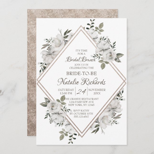 Invitation Vintage Cherish Roses Diamond Bridal Brunch Douche (Devant / Derrière)