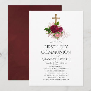 Invitation Vintage Chic Blush & Bourgogne Première Communion