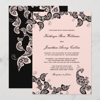 Invitation Vintage Chic Floral Black Peacock Mariage Invitati