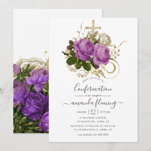 Invitation Vintage chic floral confirmation violet et or