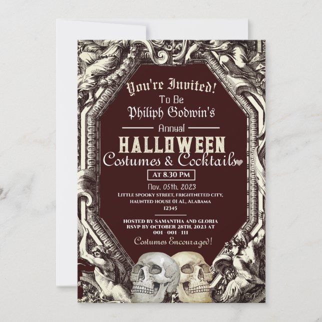 Invitation Vintage Chic Gothique Crâne Halloween Costume Part (Devant)