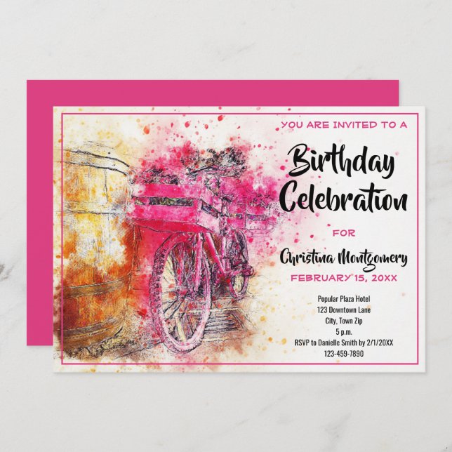Invitation Vintage Chic Rose Aquarelle Vélo Anniversaire (Devant / Derrière)